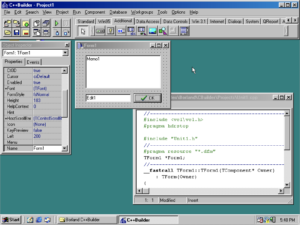 Screenshot of C++Builder 1 on Windows 98, showing the form designer with a one-button app and behind it the code editor